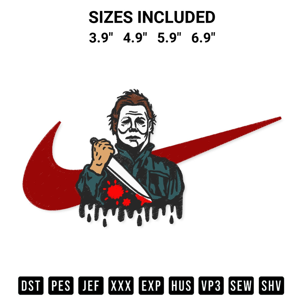 Stitch like a pro with the Michael Myers Swoosh Embroidery Design embroidery pattern from Designspacks.com. High-quality digital machine embroidery file. Available sizes: 3.9", 4.9", 5.9", 6.9".