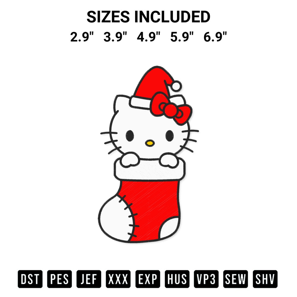 Discover the perfect addition to your crafting collection: Hello Kitty In Stocking Christmas Embroidery Design embroidery file. Instantly available at Designspacks.com. Available sizes: 2.9", 3.9", 4.9", 5.9", 6.9".