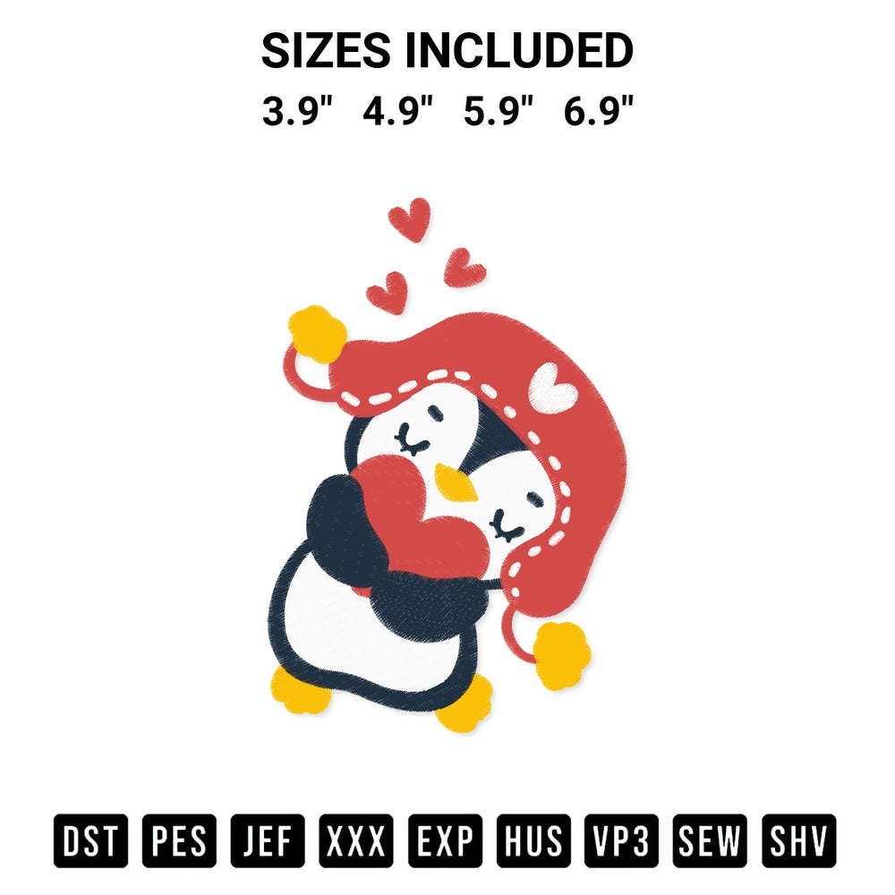 Get the Cute Penguin Hug Heart Embroidery Design embroidery design for your custom crafts! Premium digitized files available for instant download at Designspacks.com. Available sizes: 3.9", 4.9", 5.9", 6.9".
