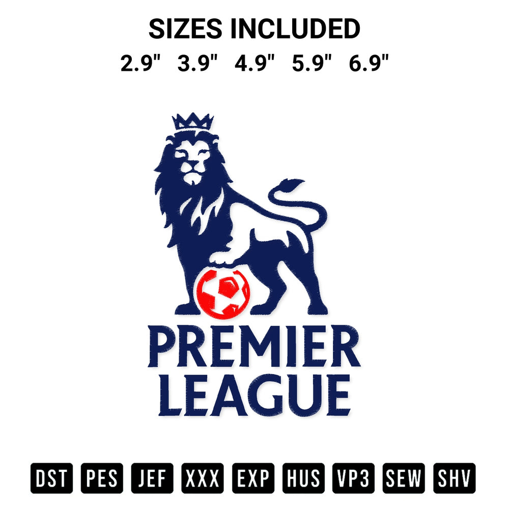 Shop the Premier League Lion Logo Embroidery Design machine embroidery pattern at Designspacks.com. Beautifully digitized for flawless stitching on any fabric. Available sizes: 2.9", 3.9", 4.9", 5.9", 6.9".