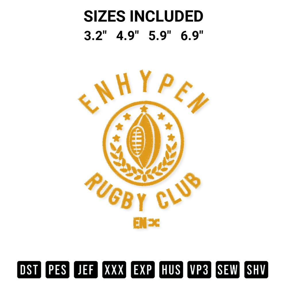 Transform your fabrics with the Enhypen Rugby Club Embroidery Design embroidery design. Instant access to premium digitized patterns at Designspacks.com. Available sizes: 3.2", 4.9", 5.9", 6.9".