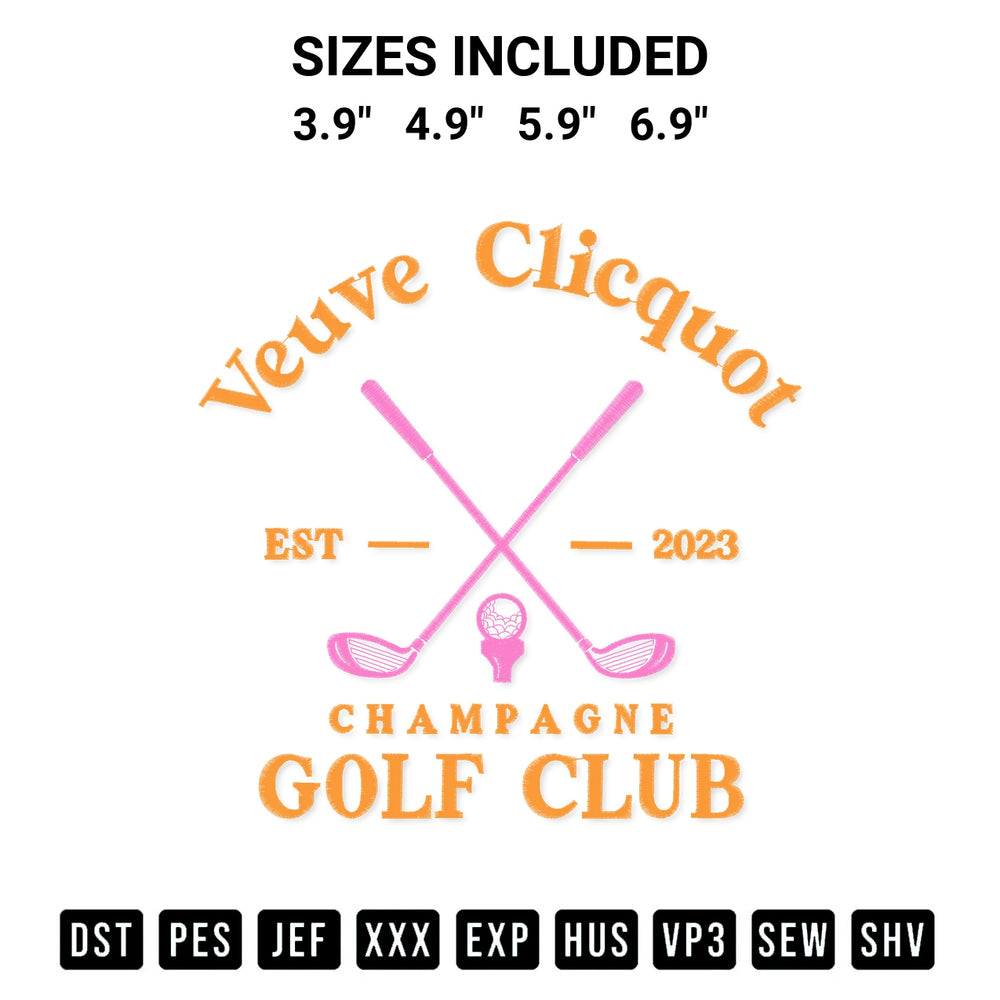 Elevate your next project with our Veuve Clicquot Golf Club Embroidery Design embroidery file. Shop high-quality digital patterns instantly at Designspacks.com. Available sizes: 3.9", 4.9", 5.9", 6.9".