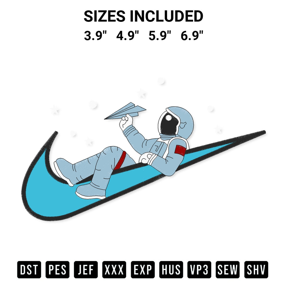 Transform your fabrics with the Swoosh Astronaut Embroidery Design embroidery design. Instant access to premium digitized patterns at Designspacks.com. Available sizes: 3.9", 4.9", 5.9", 6.9".