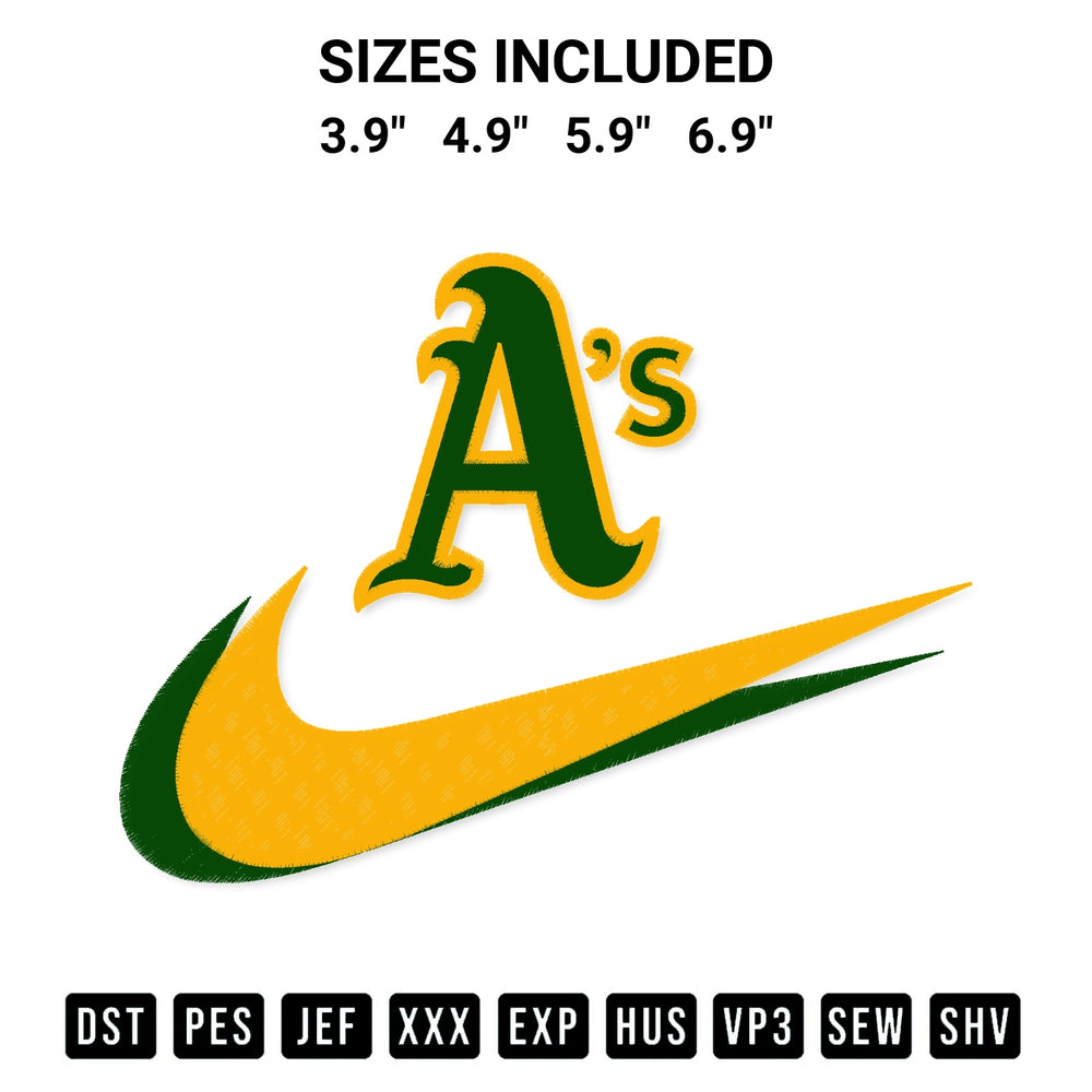 Discover the perfect addition to your crafting collection: Oakland Athletics Swoosh Embroidery Design embroidery file. Instantly available at Designspacks.com. Available sizes: 3.9", 4.9", 5.9", 6.9".