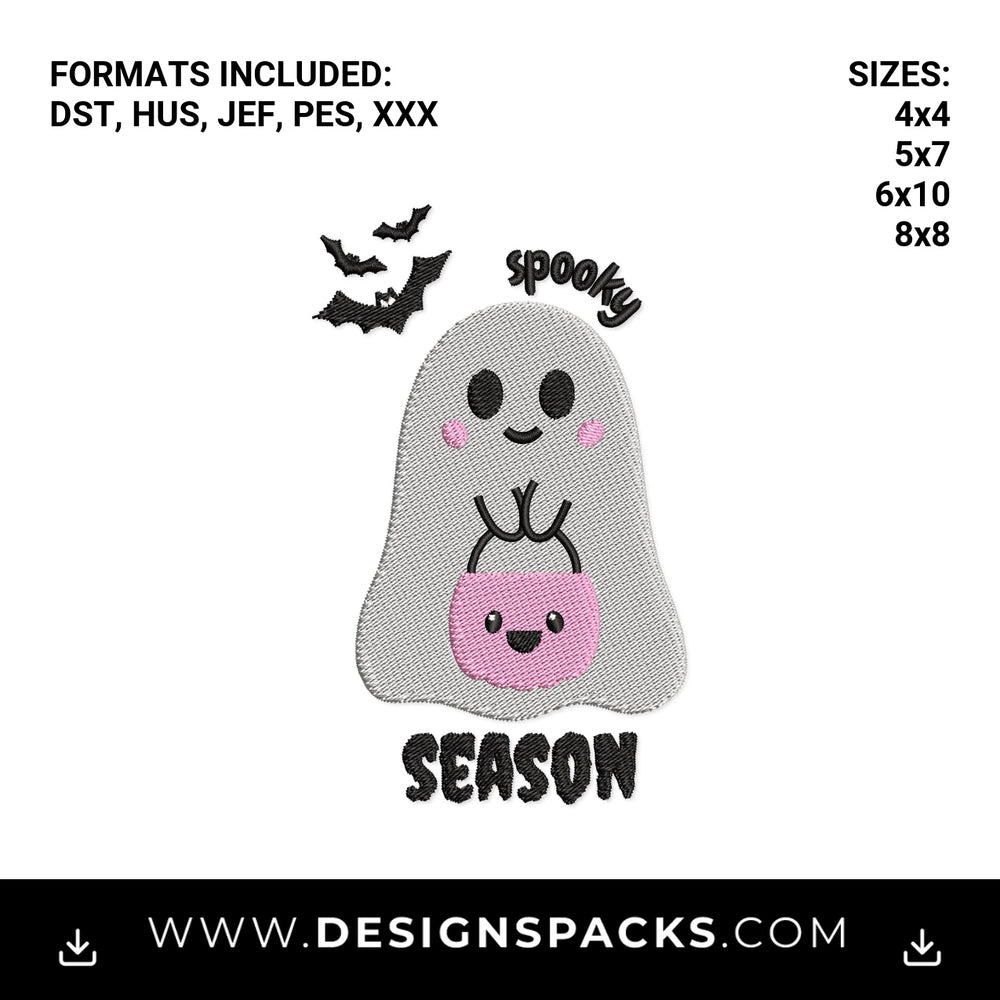 Cute Ghost Spooky Season Halloween Embroidery Design - Instant digital download pattern at Designspacks.com