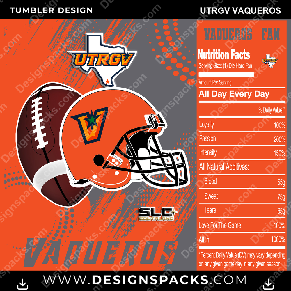 College Sport Team Fan CFB UTRGV Vaqueros Tumbler Digital Wrap Design