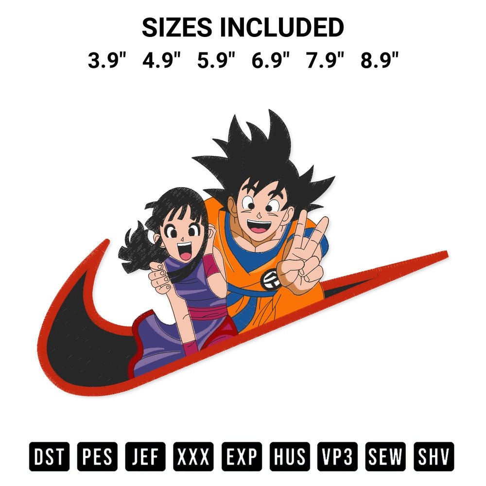Transform your fabrics with the Swoosh Goku And Chichi Embroidery Design embroidery design. Instant access to premium digitized patterns at Designspacks.com. Available sizes: 3.9", 4.9", 5.9", 6.9", 7.9", 8.9".