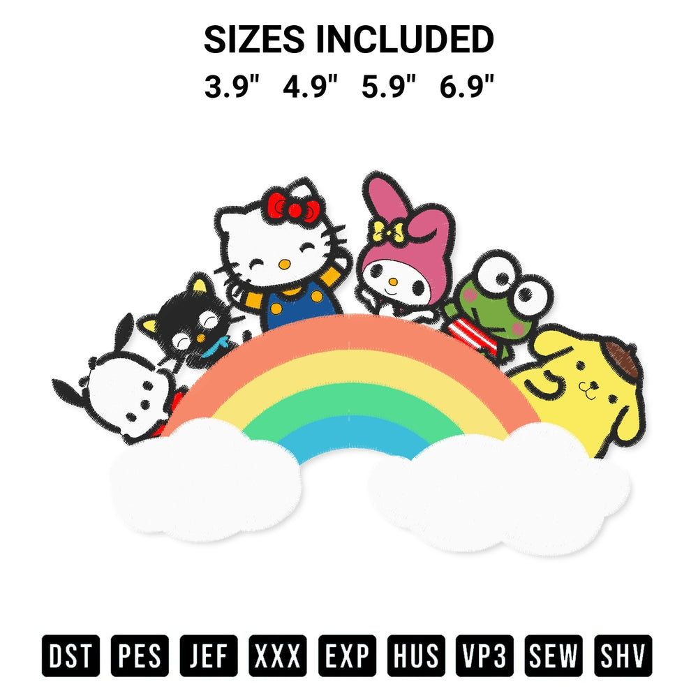 Add a unique touch to your apparel with the Rainbow Sanrio Friend Embroidery Design embroidery file. Premium instant download available now on Designspacks.com. Available sizes: 3.9", 4.9", 5.9", 6.9".