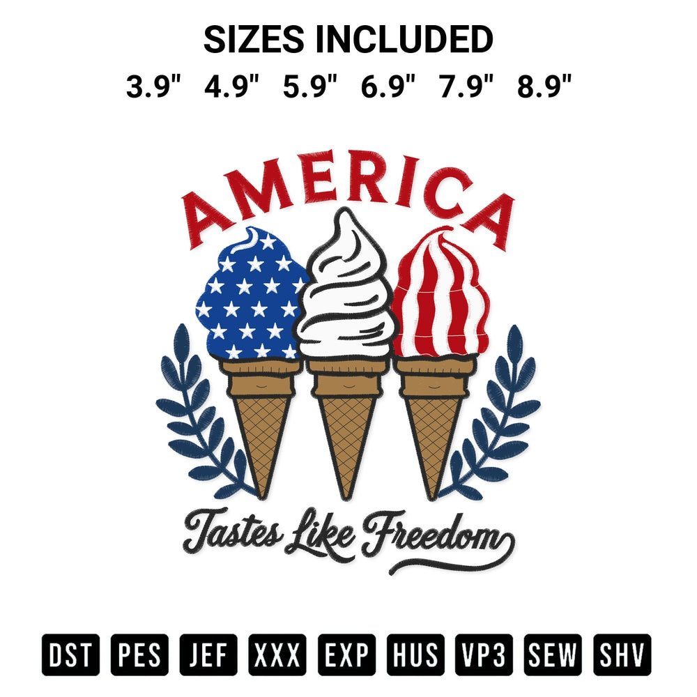 Transform your fabrics with the Ice Cream America Tastes Like Freedom Embroidery Design embroidery design. Instant access to premium digitized patterns at Designspacks.com. Available sizes: 3.9", 4.9", 5.9", 6.9", 7.9", 8.9".