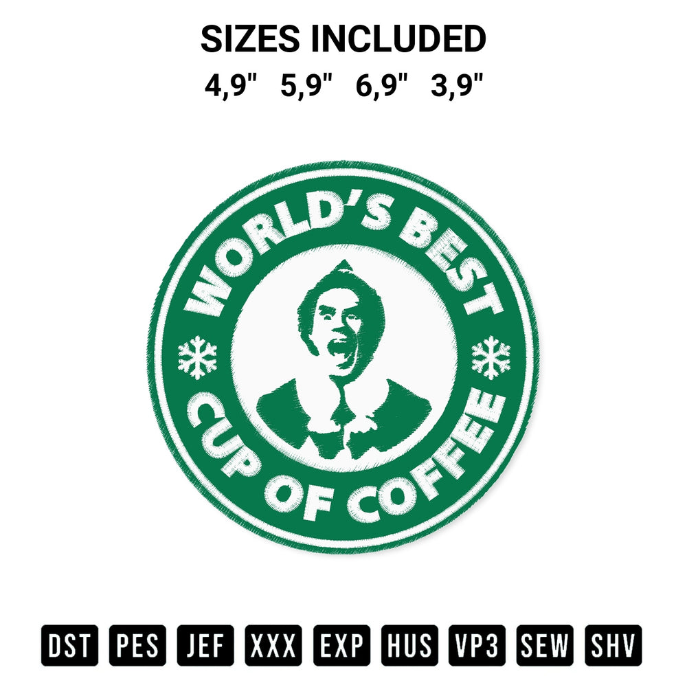 Get the Worlds Best Cup Of Coffee Elf Buddy Starbucks Coffee Logo Embroidery Design embroidery design for your custom crafts! Premium digitized files available for instant download at Designspacks.com. Available sizes: 4,9", 5,9", 6,9", 3,9".