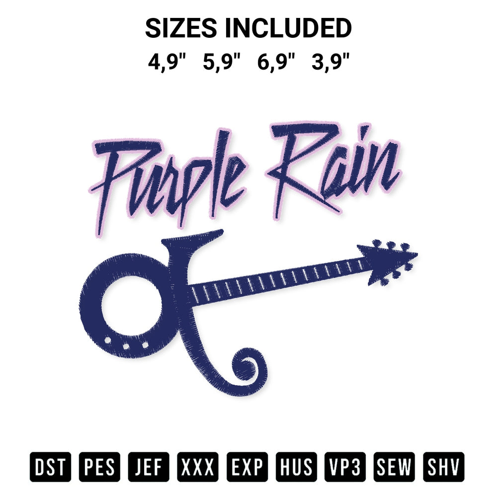 Discover the perfect addition to your crafting collection: Purple Rain Signature Guitar Prince Prince Rogers Nelson Logo Embroidery Design embroidery file. Instantly available at Designspacks.com. Available sizes: 4,9", 5,9", 6,9", 3,9".