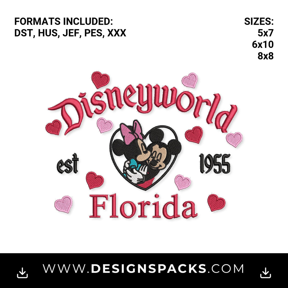 Mickey Minnie Disneyworld Florida Hearts Embroidery Design - Instant digital download pattern at Designspacks.com
