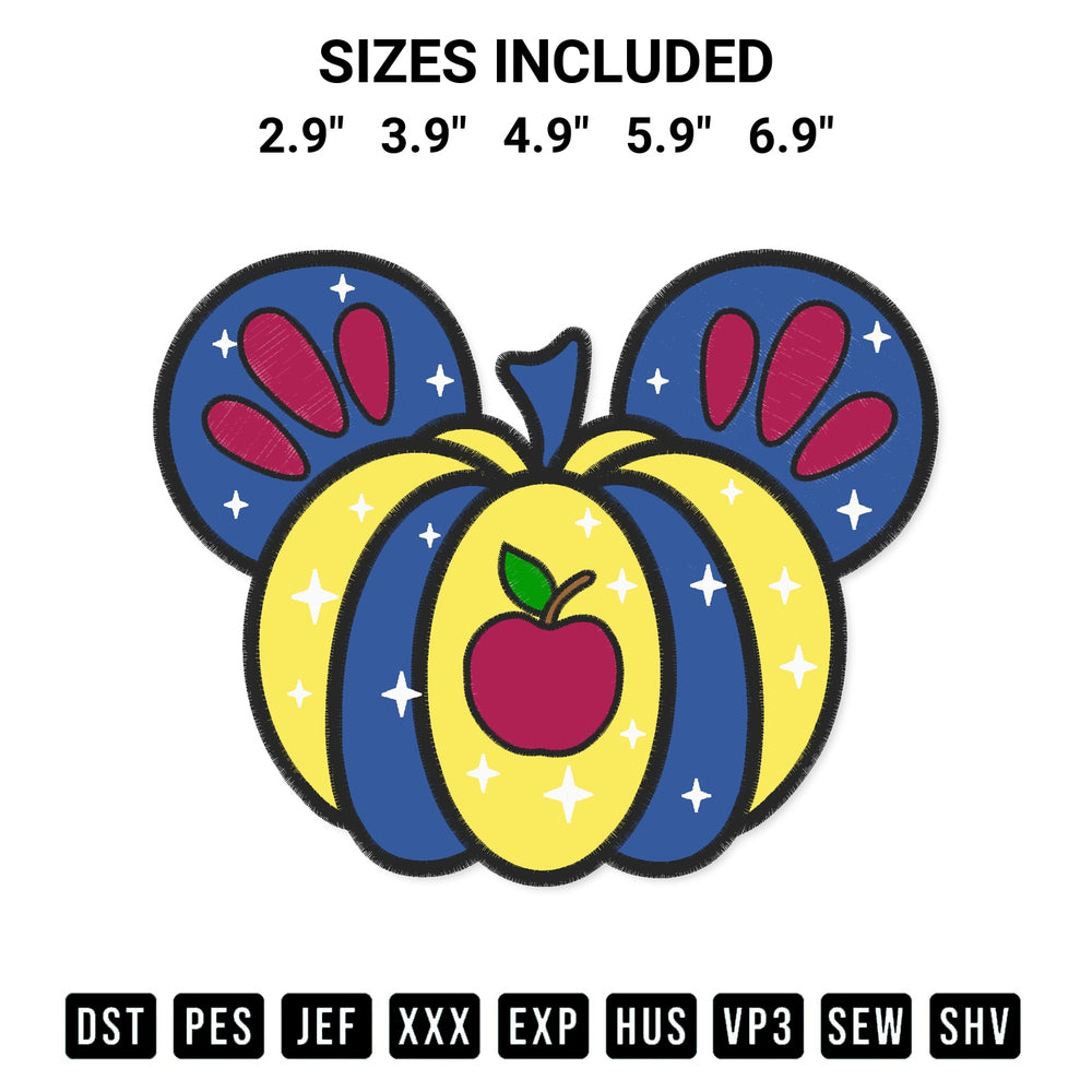Download the Snow White Princess Pumpkin Mickey Embroidery Design machine embroidery design exclusively at Designspacks.com. Premium digitized pattern for apparel and DIY crafts. Available sizes: 2.9", 3.9", 4.9", 5.9", 6.9".