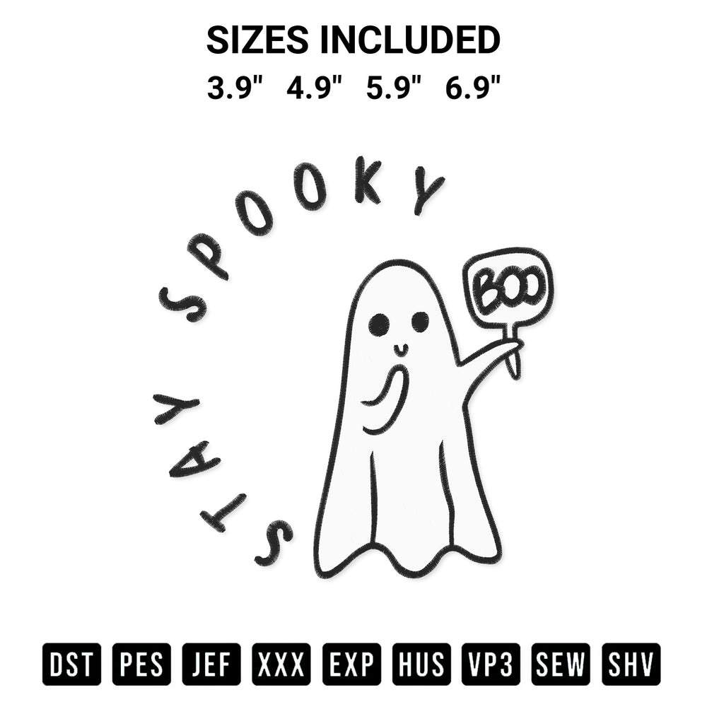 Discover the perfect addition to your crafting collection: Stay Spooky Boo Cute Ghost Halloween Embroidery Design embroidery file. Instantly available at Designspacks.com. Available sizes: 3.9", 4.9", 5.9", 6.9".