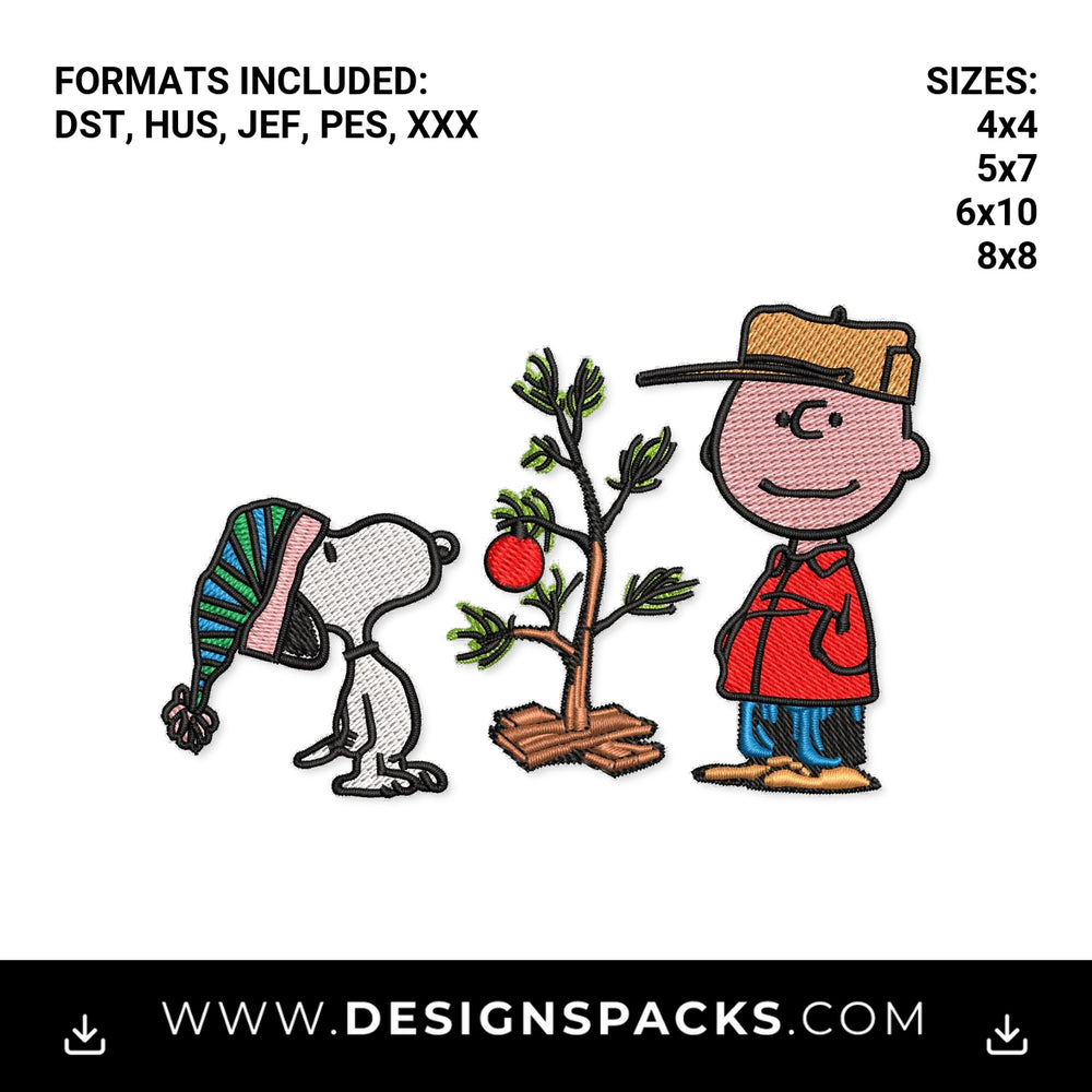 Charlie Brown & Snoopy Christmas Tree Embroidery Design - Instant digital download pattern at Designspacks.com