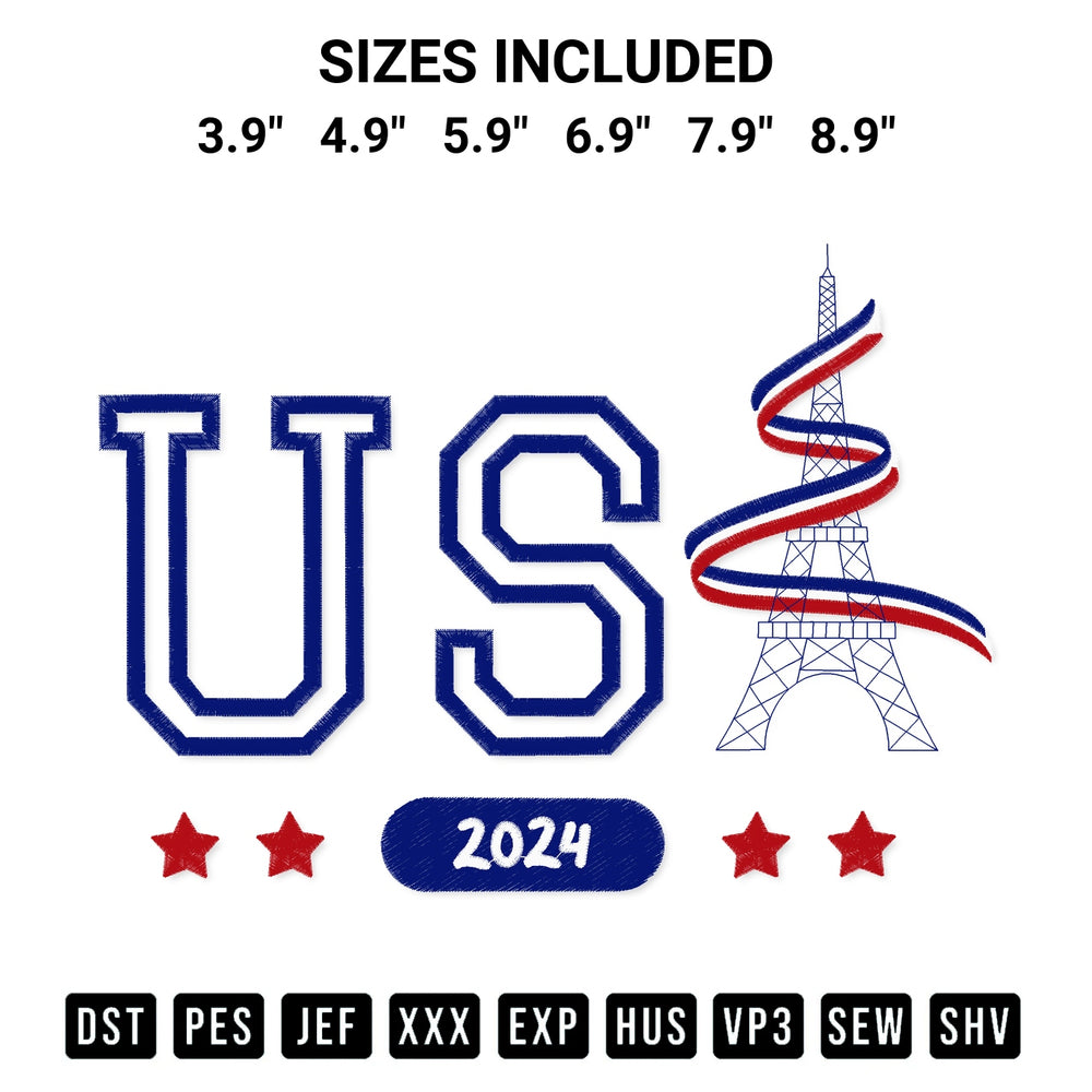Discover the perfect addition to your crafting collection: Usa 2024 Eiffel Tower Embroidery Design embroidery file. Instantly available at Designspacks.com. Available sizes: 3.9", 4.9", 5.9", 6.9", 7.9", 8.9".