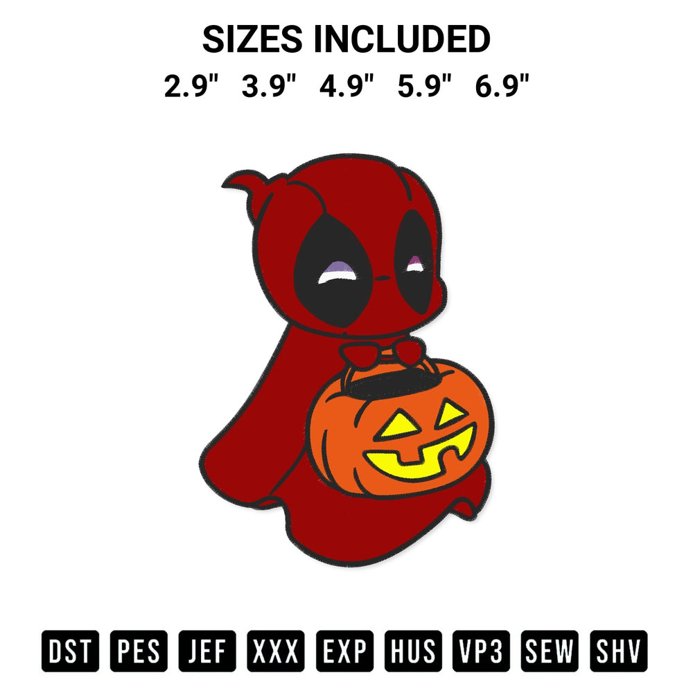 Add a unique touch to your apparel with the Deadpool Ghost With Pumpkin Bucket Embroidery Design embroidery file. Premium instant download available now on Designspacks.com. Available sizes: 2.9", 3.9", 4.9", 5.9", 6.9".