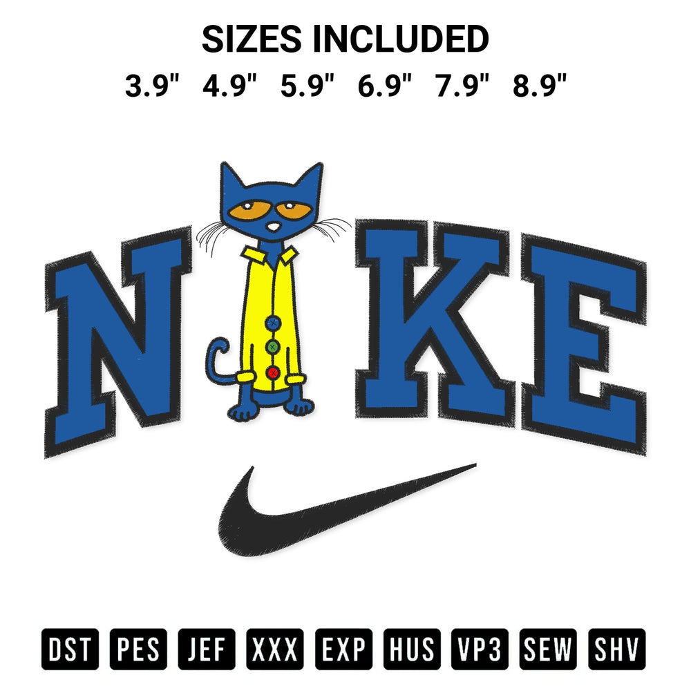 Shop the Nike Pete The Cat Embroidery Design machine embroidery pattern at Designspacks.com. Beautifully digitized for flawless stitching on any fabric. Available sizes: 3.9", 4.9", 5.9", 6.9", 7.9", 8.9".