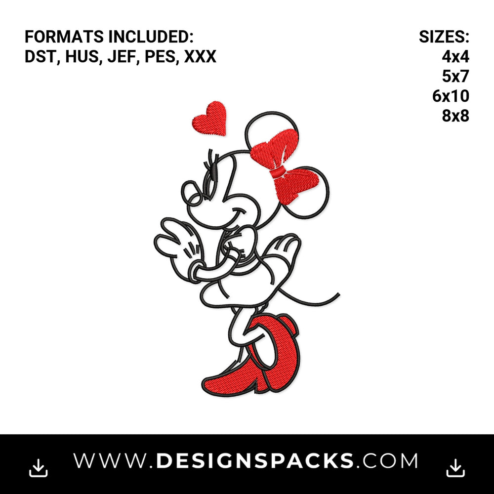 Cute Minnie Mouse with Red Bow and Heart Embroidery Design - Instant digital download pattern at Designspacks.com