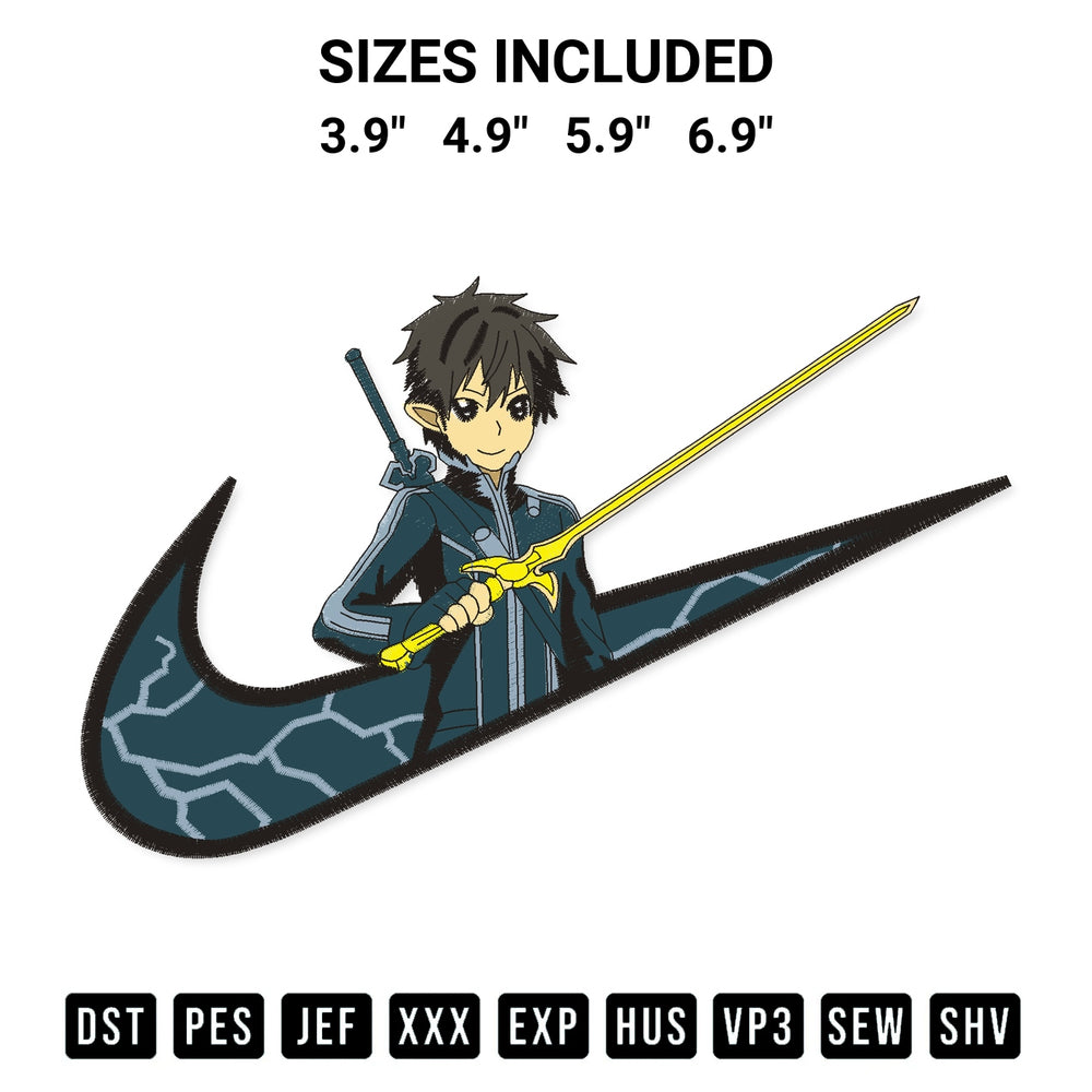Transform your fabrics with the Nike Kirito Anime Embroidery Design embroidery design. Instant access to premium digitized patterns at Designspacks.com. Available sizes: 3.9", 4.9", 5.9", 6.9".