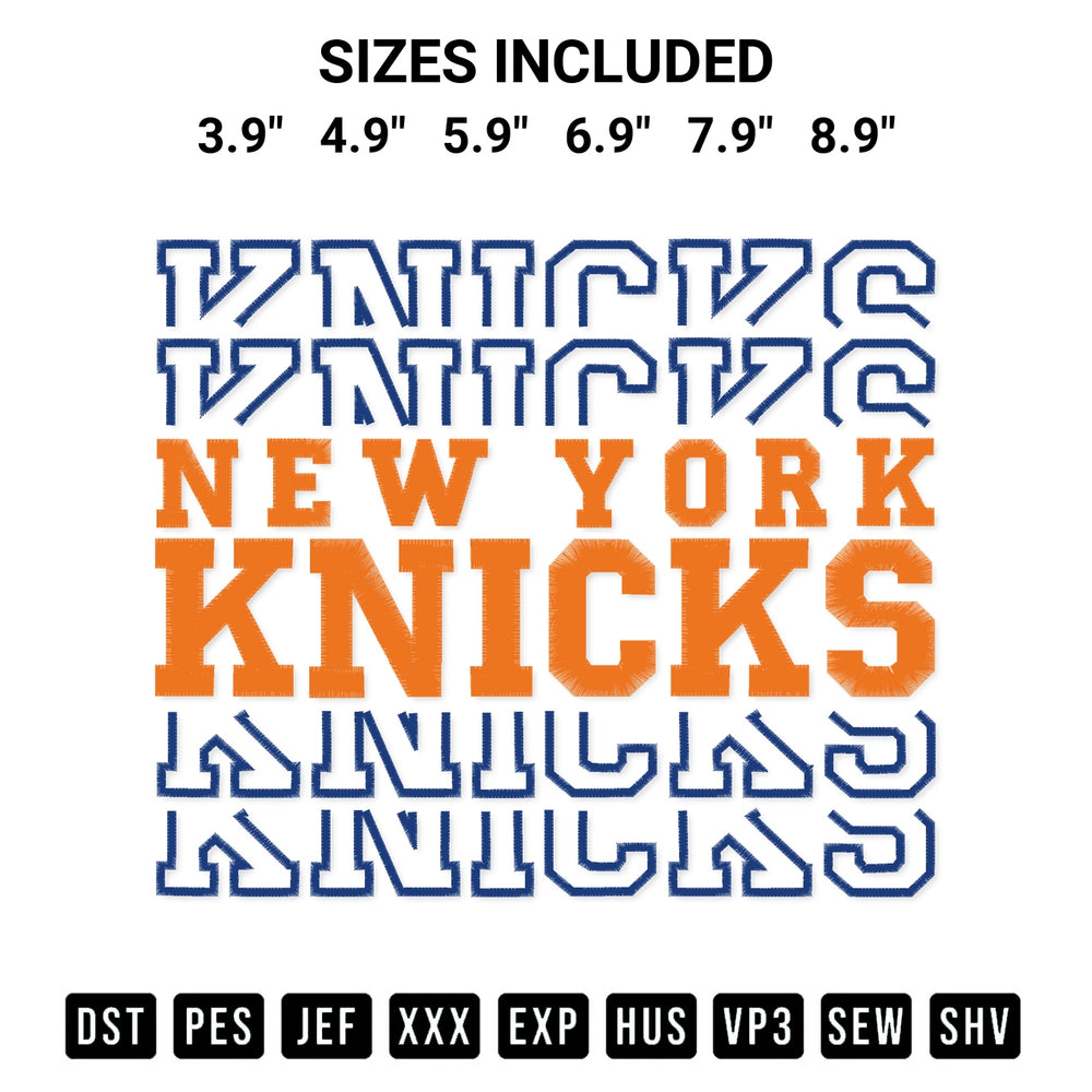 Discover the perfect addition to your crafting collection: New York Knicks Echo Stacked Text Embroidery Design embroidery file. Instantly available at Designspacks.com. Available sizes: 3.9", 4.9", 5.9", 6.9", 7.9", 8.9".