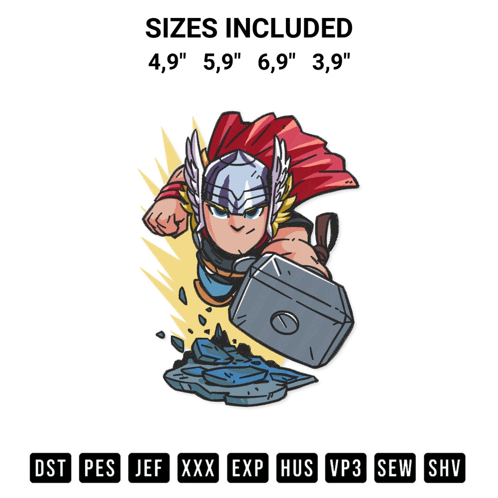 Looking for the perfect pattern? Download the Marvel Avengers Thor Chibi Logo Embroidery Design embroidery design today at Designspacks.com. Crisp, clean stitching guaranteed. Available sizes: 4,9", 5,9", 6,9", 3,9".