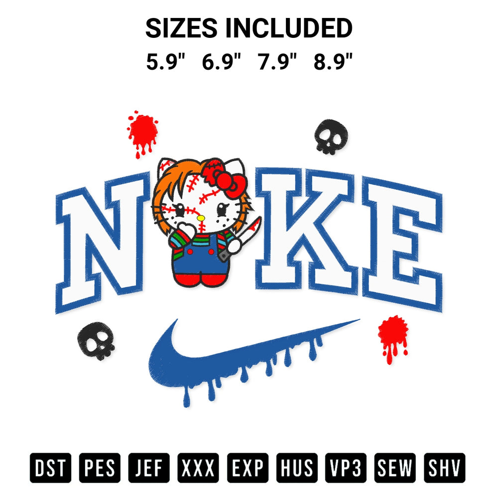 Transform your fabrics with the Hello Kitty Chucky X Nike Embroidery Design embroidery design. Instant access to premium digitized patterns at Designspacks.com. Available sizes: 5.9", 6.9", 7.9", 8.9".