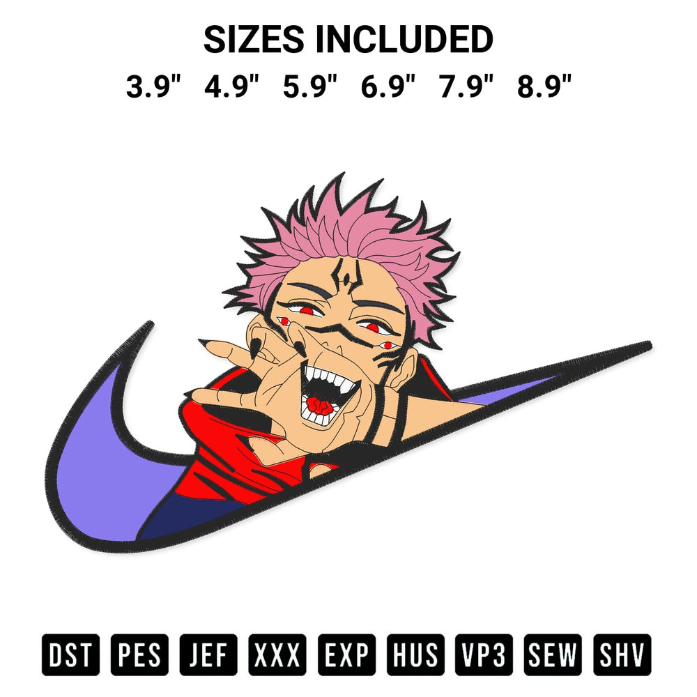 Transform your fabrics with the Swoosh Ryomen Sukuna Embroidery Design embroidery design. Instant access to premium digitized patterns at Designspacks.com. Available sizes: 3.9", 4.9", 5.9", 6.9", 7.9", 8.9".