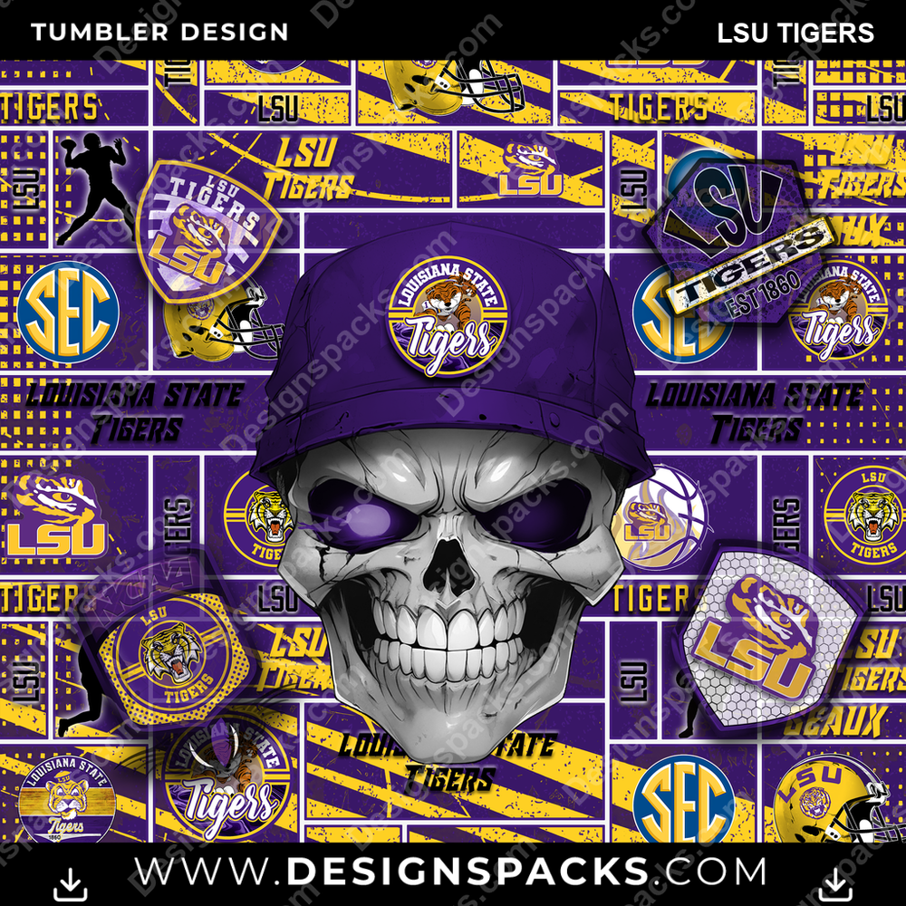 College Sport Skull LSU Tigers NCAA College Sport Tumbler Digital Wrap Design Download