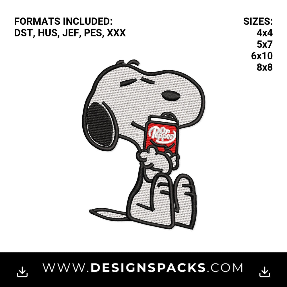 Snoopy Drinking Dr Pepper Soda Can Embroidery Design - Instant digital download pattern at Designspacks.com