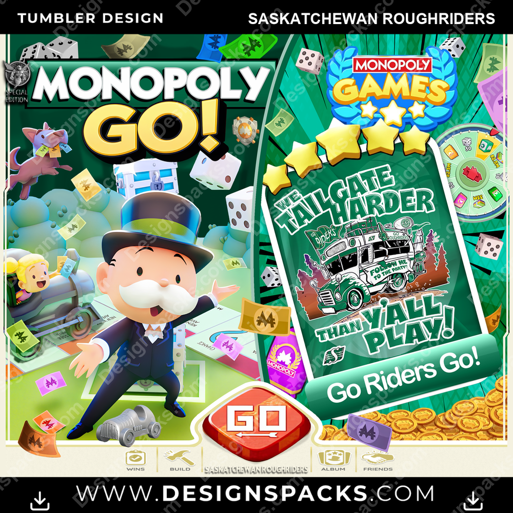Canada Football Monopoly Go! Saskatchewan Roughriders Tumbler Digital Wrap Design