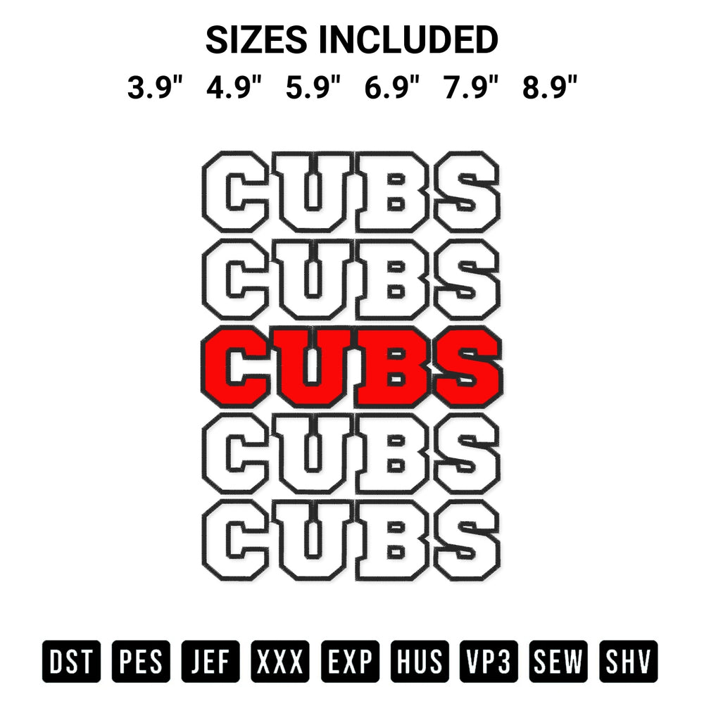 Shop the Groovy Cubs Embroidery Design machine embroidery pattern at Designspacks.com. Beautifully digitized for flawless stitching on any fabric. Available sizes: 3.9", 4.9", 5.9", 6.9", 7.9", 8.9".