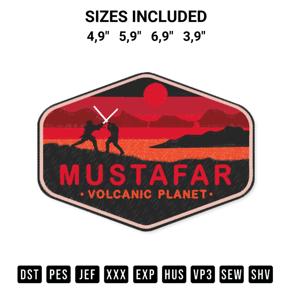 Transform your fabrics with the Mustafar Volcanic Planet Star Wars Galaxy Edge Volcanic Planet Embroidery Design embroidery design. Instant access to premium digitized patterns at Designspacks.com. Available sizes: 4,9", 5,9", 6,9", 3,9".