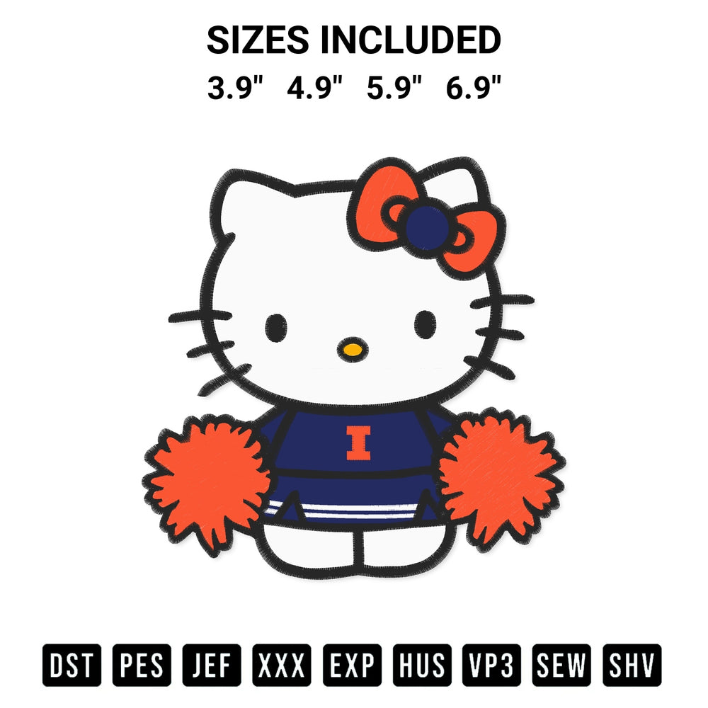 Download the Illinois Fighting Illini Hello Kitty Cheerleader Embroidery Design machine embroidery design exclusively at Designspacks.com. Premium digitized pattern for apparel and DIY crafts. Available sizes: 3.9", 4.9", 5.9", 6.9".