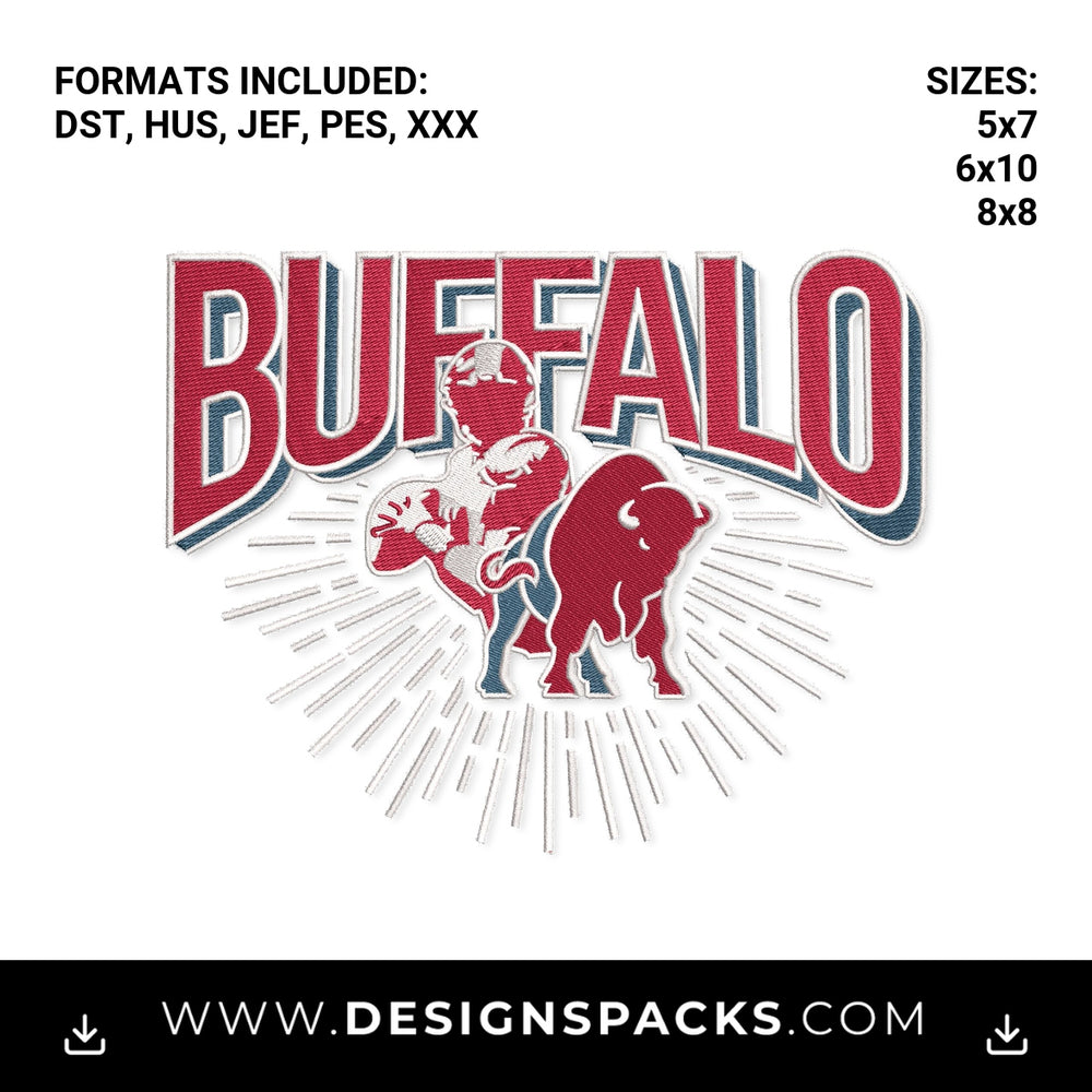 Buffalo Football Player & Charging Bison Embroidery Design - Instant digital download pattern at Designspacks.com