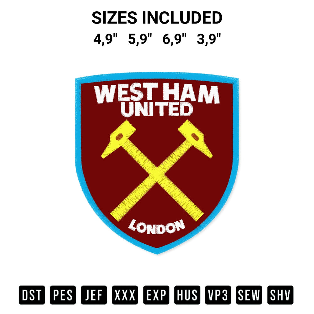 Discover the perfect addition to your crafting collection: West Ham United Fc Logo Embroidery Design embroidery file. Instantly available at Designspacks.com. Available sizes: 4,9", 5,9", 6,9", 3,9".
