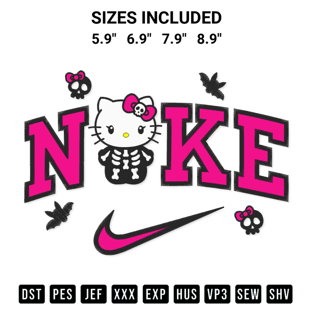 Download the Hello Kitty Skeleton X Nike Embroidery Design machine embroidery design exclusively at Designspacks.com. Premium digitized pattern for apparel and DIY crafts. Available sizes: 5.9", 6.9", 7.9", 8.9".