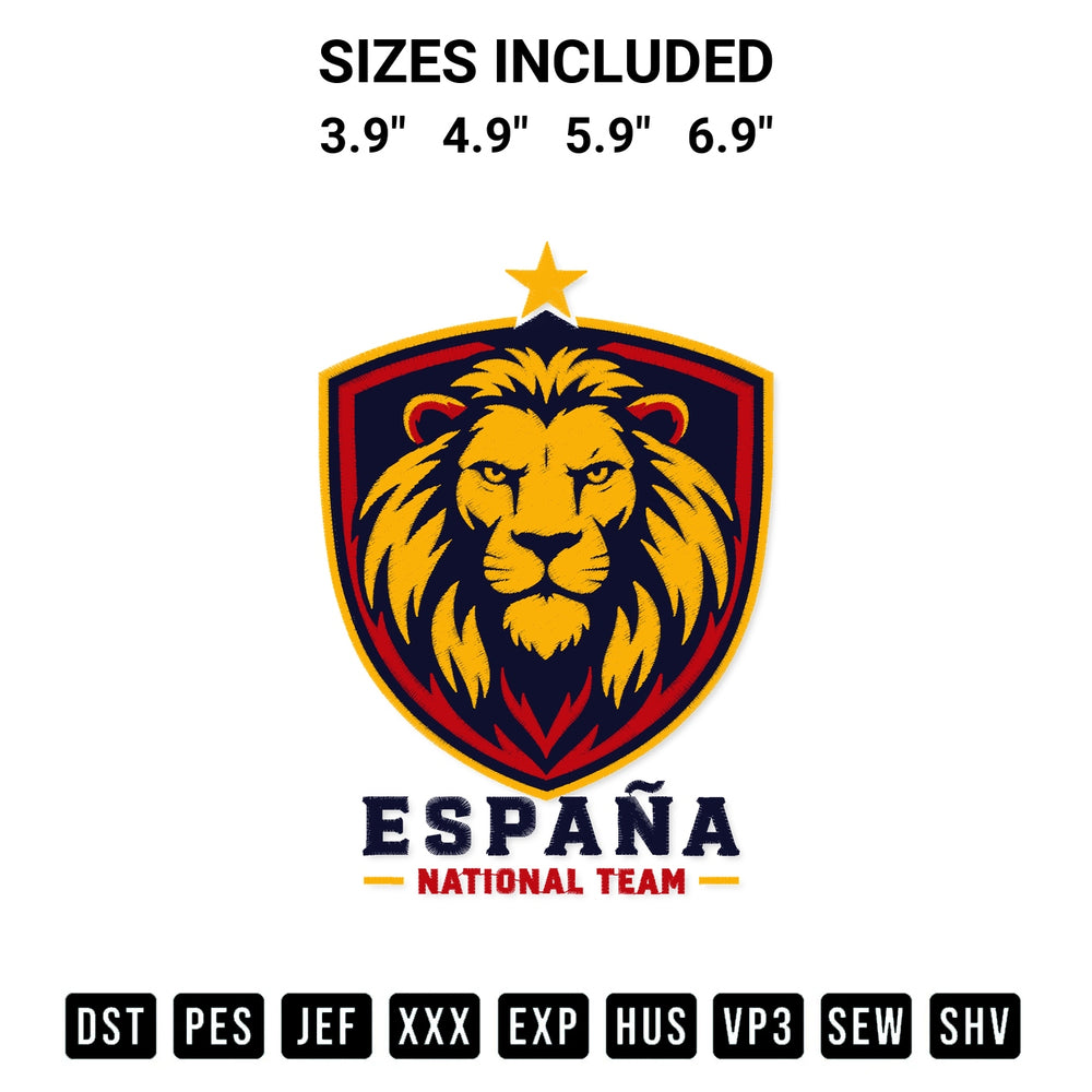 Shop the Espana National Team Lion Embroidery Design machine embroidery pattern at Designspacks.com. Beautifully digitized for flawless stitching on any fabric. Available sizes: 3.9", 4.9", 5.9", 6.9".