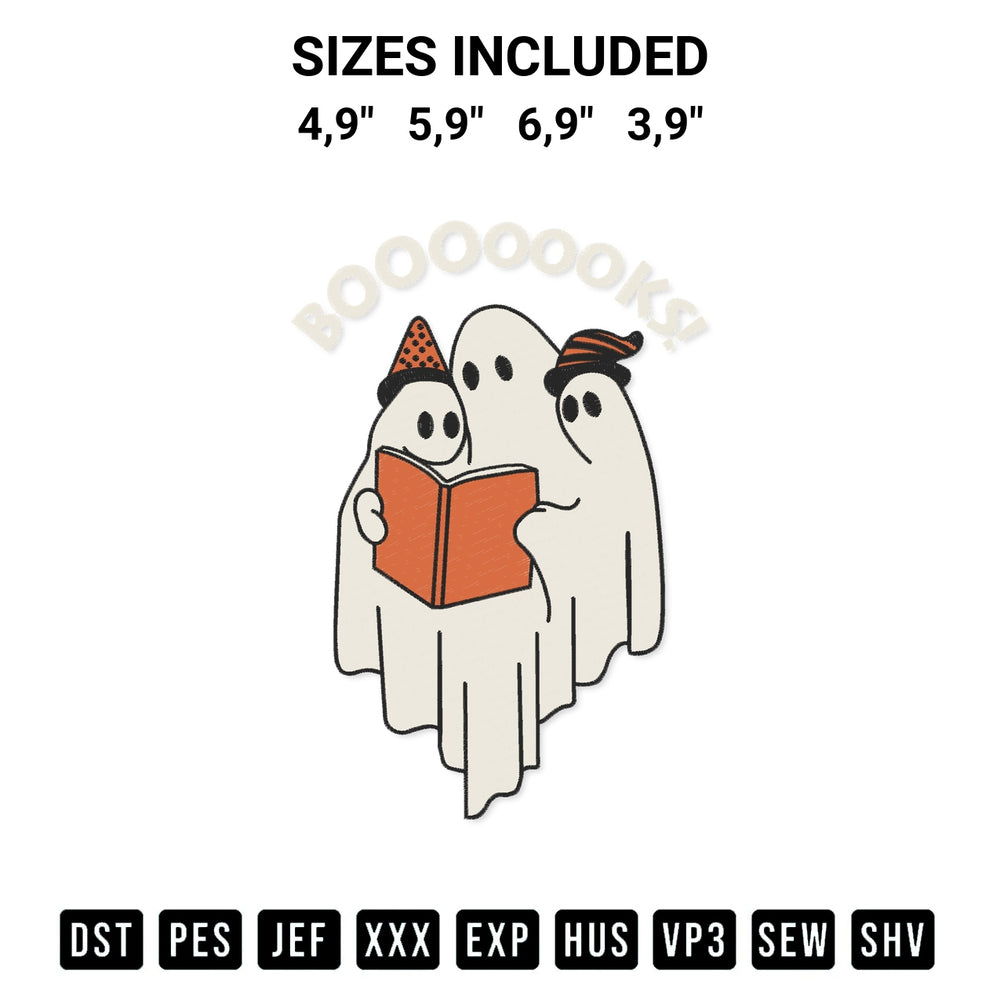 Transform your fabrics with the Booooks Cute Ghost Reading Library Books Spooky Halloween Logo Embroidery Design embroidery design. Instant access to premium digitized patterns at Designspacks.com. Available sizes: 4,9", 5,9", 6,9", 3,9".
