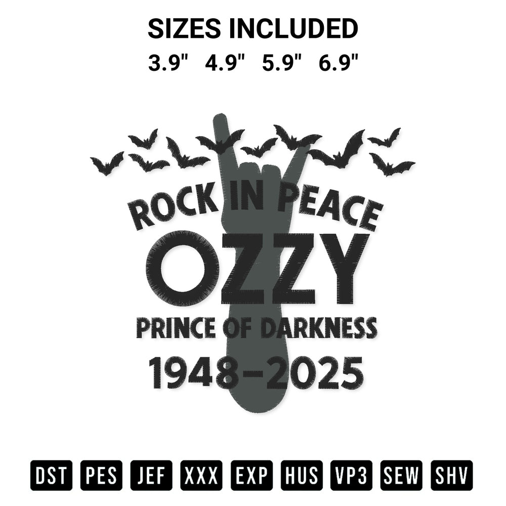 Stitch like a pro with the Rock In Peace Ozzy Prince Of Darkness Embroidery Design embroidery pattern from Designspacks.com. High-quality digital machine embroidery file. Available sizes: 3.9", 4.9", 5.9", 6.9".