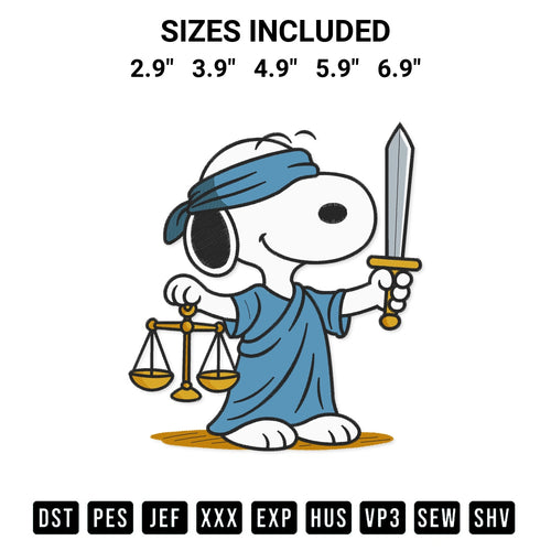 Shop the Snoopy As Lady Justice Embroidery Design machine embroidery pattern at Designspacks.com. Beautifully digitized for flawless stitching on any fabric. Available sizes: 2.9