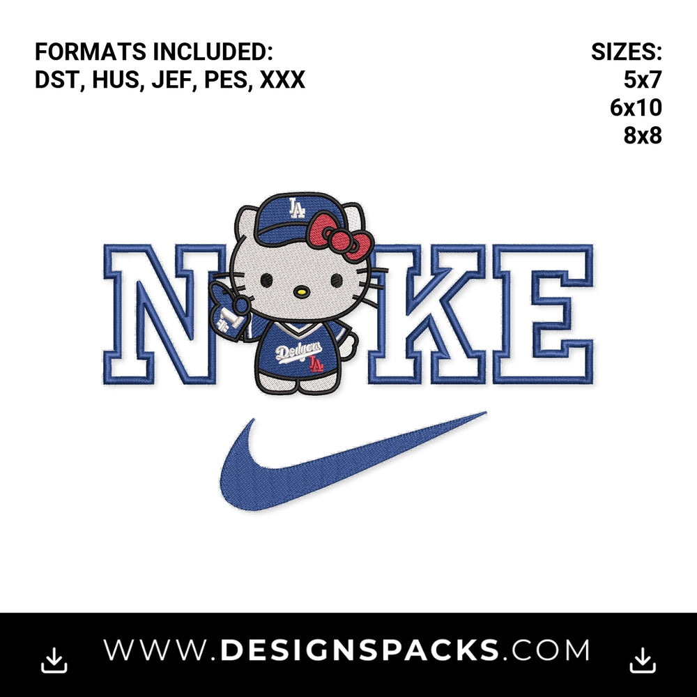 Hello Kitty LA Dodgers Nike Swoosh Embroidery Design - Instant digital download pattern at Designspacks.com