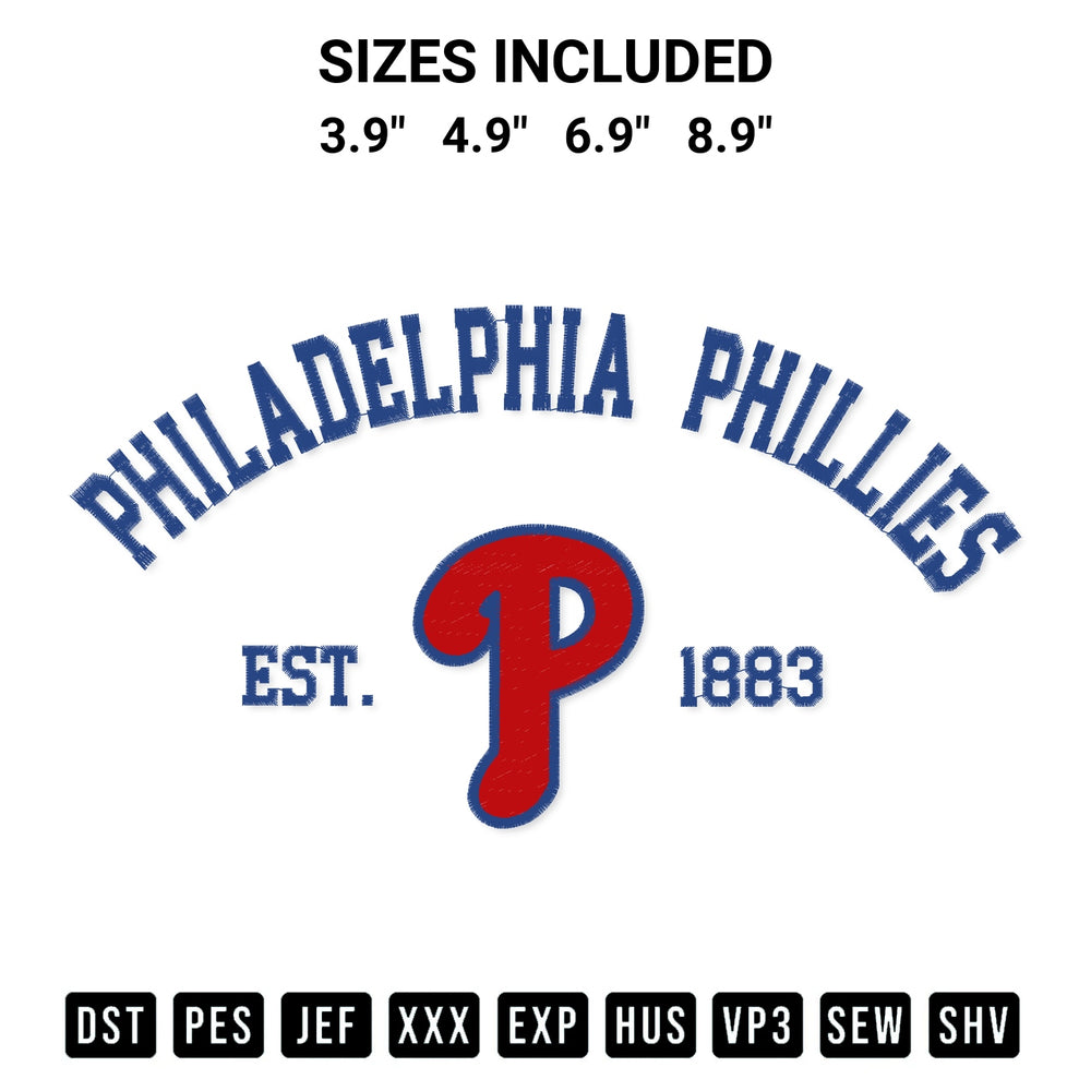 Transform your fabrics with the Philadelphia Phillies Est 1883 Embroidery Design embroidery design. Instant access to premium digitized patterns at Designspacks.com. Available sizes: 3.9", 4.9", 6.9", 8.9".