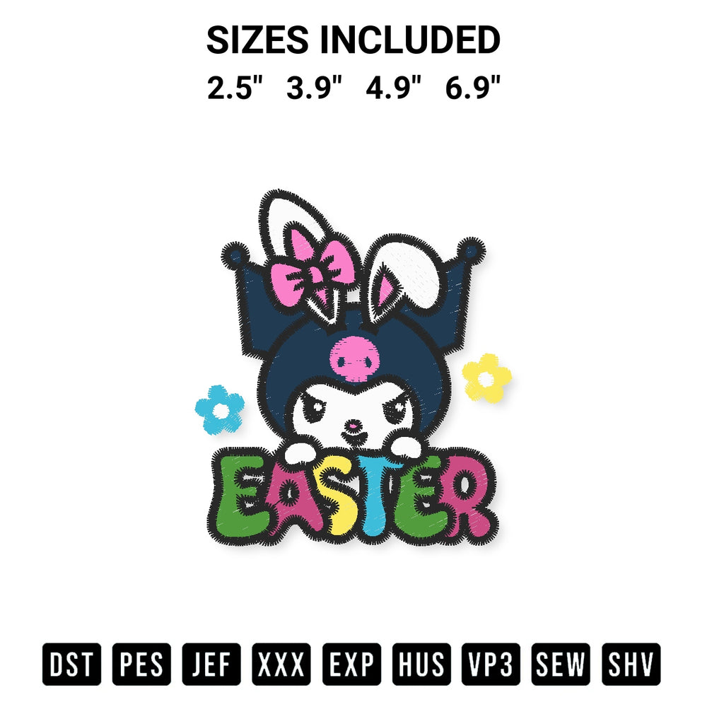 Transform your fabrics with the Kuromi Easter Bunny Embroidery Design embroidery design. Instant access to premium digitized patterns at Designspacks.com. Available sizes: 2.5", 3.9", 4.9", 6.9".