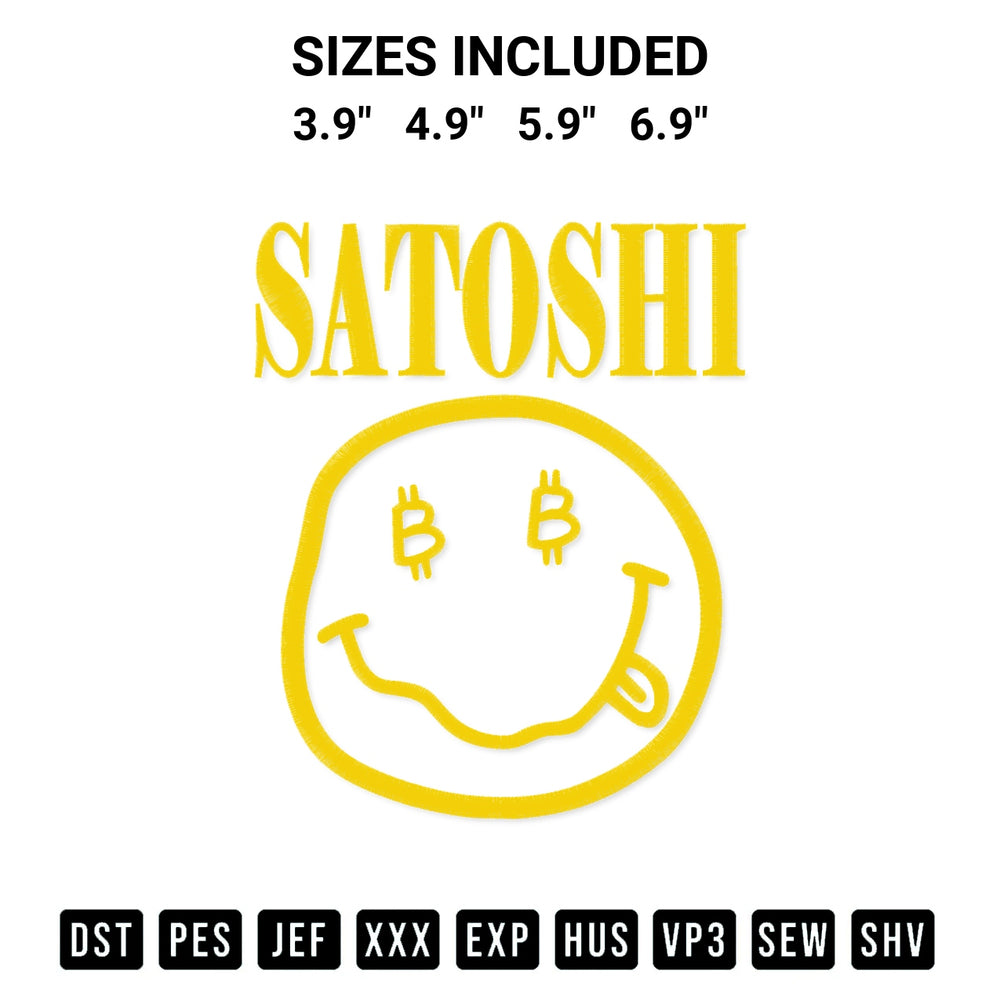 Looking for the perfect pattern? Download the Satoshi Smiley Face Embroidery Design embroidery design today at Designspacks.com. Crisp, clean stitching guaranteed. Available sizes: 3.9", 4.9", 5.9", 6.9".