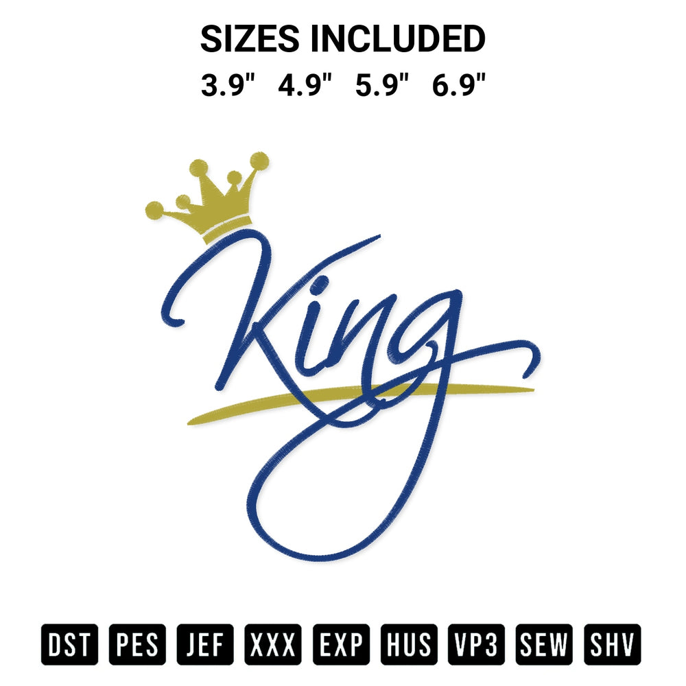 Download the King With Crown Embroidery Design machine embroidery design exclusively at Designspacks.com. Premium digitized pattern for apparel and DIY crafts. Available sizes: 3.9", 4.9", 5.9", 6.9".