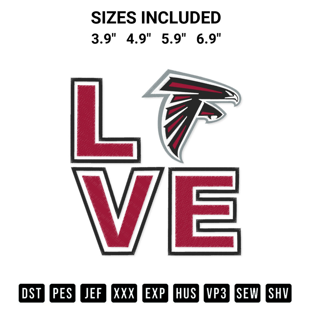 Looking for the perfect pattern? Download the Love Atlanta Falcons Embroidery Design embroidery design today at Designspacks.com. Crisp, clean stitching guaranteed. Available sizes: 3.9", 4.9", 5.9", 6.9".