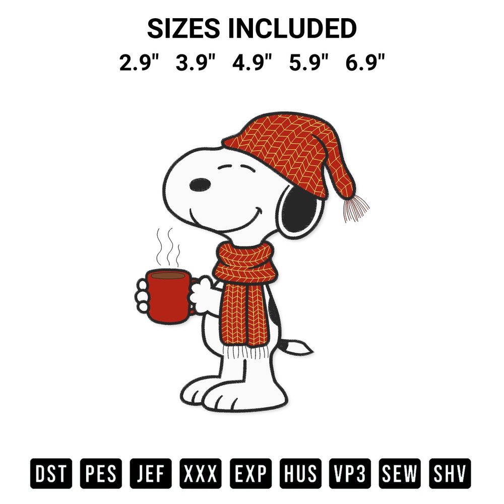 Transform your fabrics with the Cozy Snoopy With Hot Drink Embroidery Design embroidery design. Instant access to premium digitized patterns at Designspacks.com. Available sizes: 2.9", 3.9", 4.9", 5.9", 6.9".