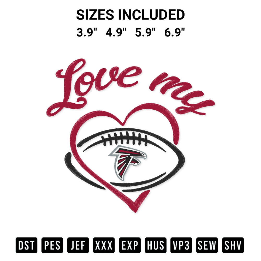 Looking for the perfect pattern? Download the Love My Atlanta Falcons Embroidery Design embroidery design today at Designspacks.com. Crisp, clean stitching guaranteed. Available sizes: 3.9", 4.9", 5.9", 6.9".
