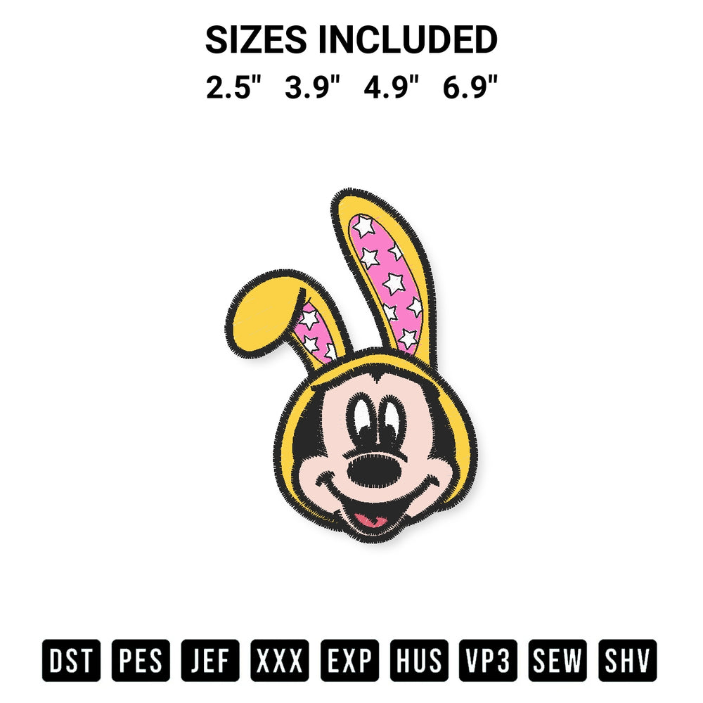 Create amazing crafts with the Mickey Bunny Face Easter Embroidery Design embroidery file. High-quality digital download from Designspacks.com, perfect for beginners and pros. Available sizes: 2.5", 3.9", 4.9", 6.9".